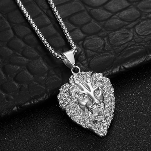 Hip-hop lion head pendant necklace with iced-out crystals on a silver box chain