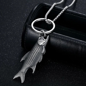 Vintage stainless steel fish pendant necklace with detailed scales for fishing lovers