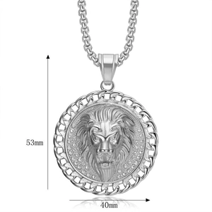 Collana a catena cubana con ciondolo a testa di leone da 53mm e medaglione tondo argento