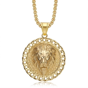 Collana hip hop con ciondolo a medaglione testa di leone dorata e catena box