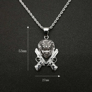 Hip hop silver lion head with crossed pistols pendant necklace and rope chain