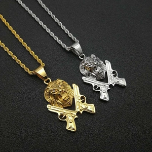 Hip Hop Stainless Steel Lion Head Pendant Necklace For Men Women Gold Silver Plated Rhinestone Crossed Gun Animal Charm Jewelry