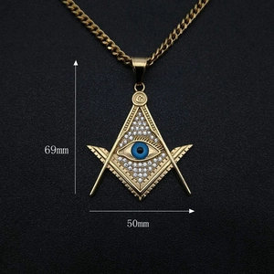 Hip hop Masonic Eye of Providence pendant necklace in gold finish with white crystals