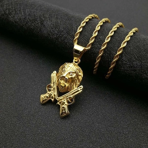 Gold-plated hip hop lion head pendant with dual cross pistols on a rope chain necklace