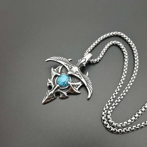 Vintage punk titanium steel necklace with turquoise eagle wing pendant and box chain