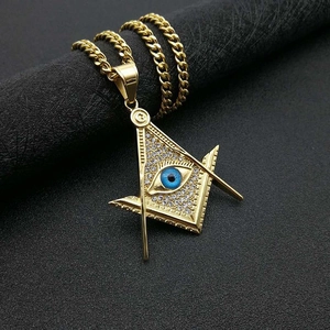 Gold plated hip hop necklace with Masonic AG blue eye triangle pendant and cubic zirconia