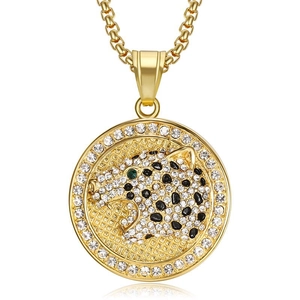 Collar de Colgante de Cabeza de Pantera de Acero Inoxidable Hip Hop Incrustado de Strass Medallón Redondo Joyería Oro Plata