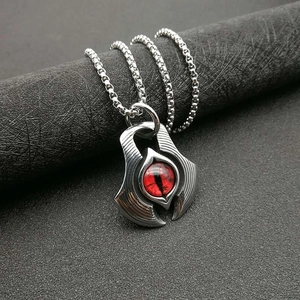 Punk vintage titanium steel necklace with red devil eye pendant on a box chain