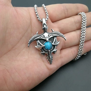 Vintage stainless steel eagle wing necklace with round turquoise stone for men