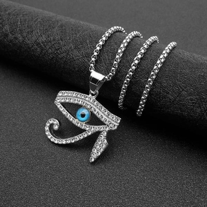 Pendentif œil d'Horus hip-hop en acier argenté avec strass et perle d'œil maléfique