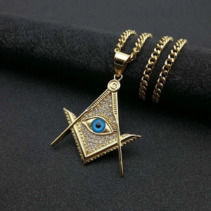Hip Hop Titanium Steel Masonic All Seeing Eye Pendant Necklace Gold Plated Rhinestone Triangle Compass G Jewelry For Men