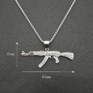 Hip hop AK47 pendant necklace in silver with rhinestones, sized 65mm by 37mm
