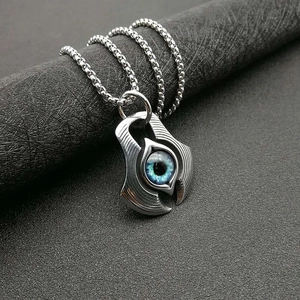 Punk vintage titanium steel necklace featuring a realistic blue evil eye shield pendant
