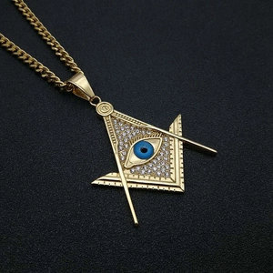 Gold-plated hip hop Masonic pendant necklace with blue eye and sparkling crystals