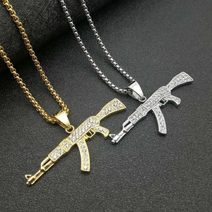 Hip Hop AK47 Gun Pendant Necklace Stainless Steel Gold Plated Rhinestone Jewelry Iced Out Weapon Shape Accessory For Men