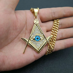 Gold plated Masonic AG Blue Eye pendant necklace with cubic zirconia on cuban chain