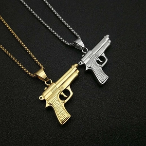 Hip hop style titanium steel M9 handgun pendant necklace in gold and silver finish