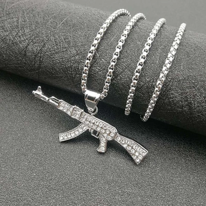 Hip hop AK47 pendant necklace in gold plated titanium steel with iced out rhinestones
