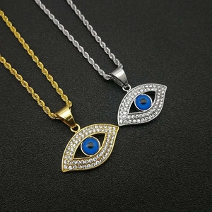 Collier Pendentif Mauvais Œil en Acier au Titane Hip Hop Or Argent Strass Incrusté Bijoux Unisexe Chaîne Décorative
