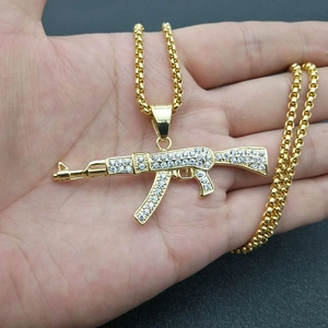 Hip hop style gold plated AK47 rifle pendant necklace with sparkling white zircons