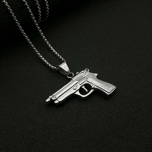 Hip-hop style gold-plated titanium steel necklace with M9 pistol pendant in silver