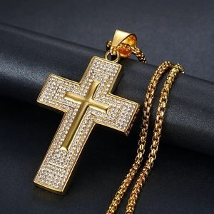 Collier Pendentif Croix Hip Hop pour Hommes Femmes en Acier Inoxydable Strass Iced Out Bijoux Religieux Plaqué Or Argent Cadeau