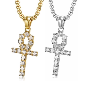 Collier Pendentif Croix Ankh en Acier Inoxydable Plaqué Or Hip Hop Strass Bijoux Clé de Vie Égyptienne pour Hommes Femmes
