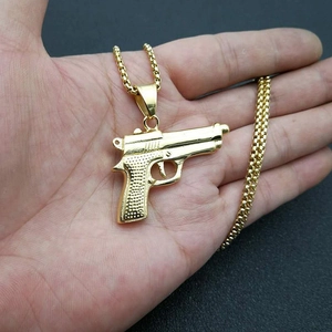 Hip hop gold plated stainless steel M9 handgun pendant necklace with box chain