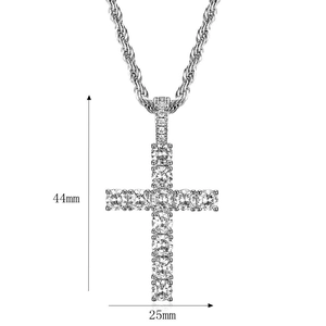 Detailed size chart showing the 44mm height and 25mm width of the iced out cross pendant