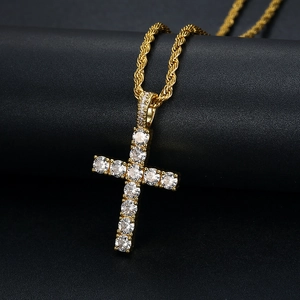 Hip hop gold plated cross pendant necklace with 3A cubic zirconia and rope chain