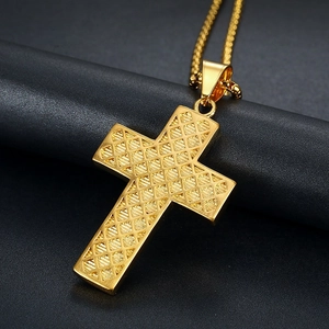 Collier pendentif croix en acier inoxydable doré hip hop avec diamants et texture grillagée