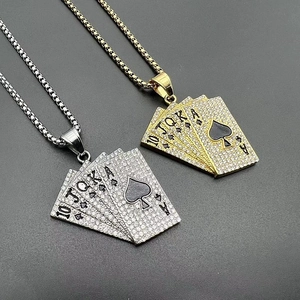 Hiphop Iced Out Royal Flush Poker Card Pendant Necklace Titanium Steel Rhinestone Spades Poker Card Charm For Men Women