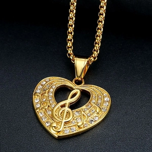 Iced out gold plated heart music note pendant necklace with sparkling crystals and box chain