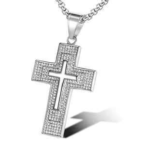 Collier hip hop avec pendentif croix en acier inoxydable et pierres de zircon