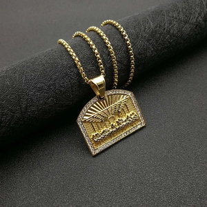 Iced out gold Last Supper pendant necklace with sparkling zircons on a round box chain