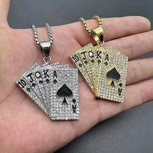 Hip hop royal flush poker pendant necklace with gold silver plating and sparkling rhinestones