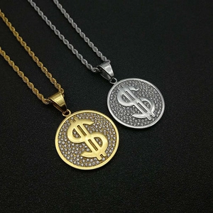 Hip Hop Iced Out Dollarzeichen Anhänger Halskette Titanstahl Vergoldet Strass Geld Symbol Kreis Medaillon Für Herren Damen Schmuck