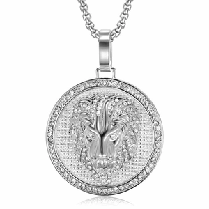 Collana hip hop con ciondolo a testa di leone con strass e catena box resistente