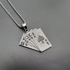 Hip hop royal flush poker pendant necklace with sparkling rhinestones in silver finish
