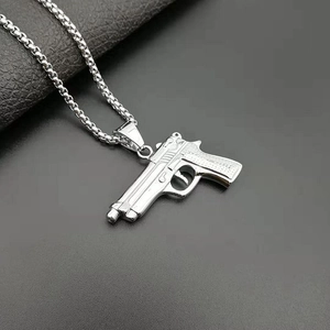 Silver stainless steel M1911 pistol pendant necklace with bead chain on leather