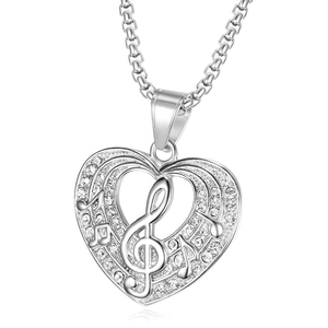 Icy heart pendant necklace with music note and treble clef in silver finish