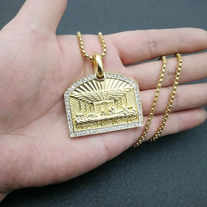 Hip hop gold plated stainless steel necklace with Last Supper pendant and paved crystals