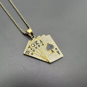 Hip hop gold plated stainless steel necklace featuring a crystal paved royal flush pendant