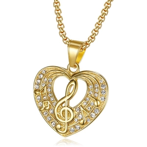 Hip Hop Heart Music Symbol Pendant Necklace For Women Men Gold Stainless Steel Rhinestone G-Clef Note Jewelry Gift