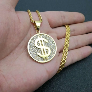 Hip Hop Goldkette aus Titanstahl mit eisbedecktem Dollar-Anhänger und feiner Seilkette
