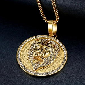 Vergulde leeuwenkop hanger ketting met kristallen en box-ketting voor heren hip hop stijl