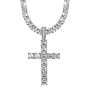 Hip hop silver-toned tennis chain with a large micro-paved cross pendant for men