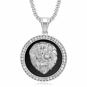 Collier pendentif tête de lion hip hop en argent avec pierres de zircon et chaîne box