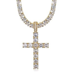 Hip-hop gold plated cross pendant necklace with 3A cubic zirconia and tennis chain