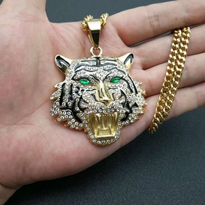 Hip hop gold plated tiger head pendant necklace with rhinestones and green eyes decoration